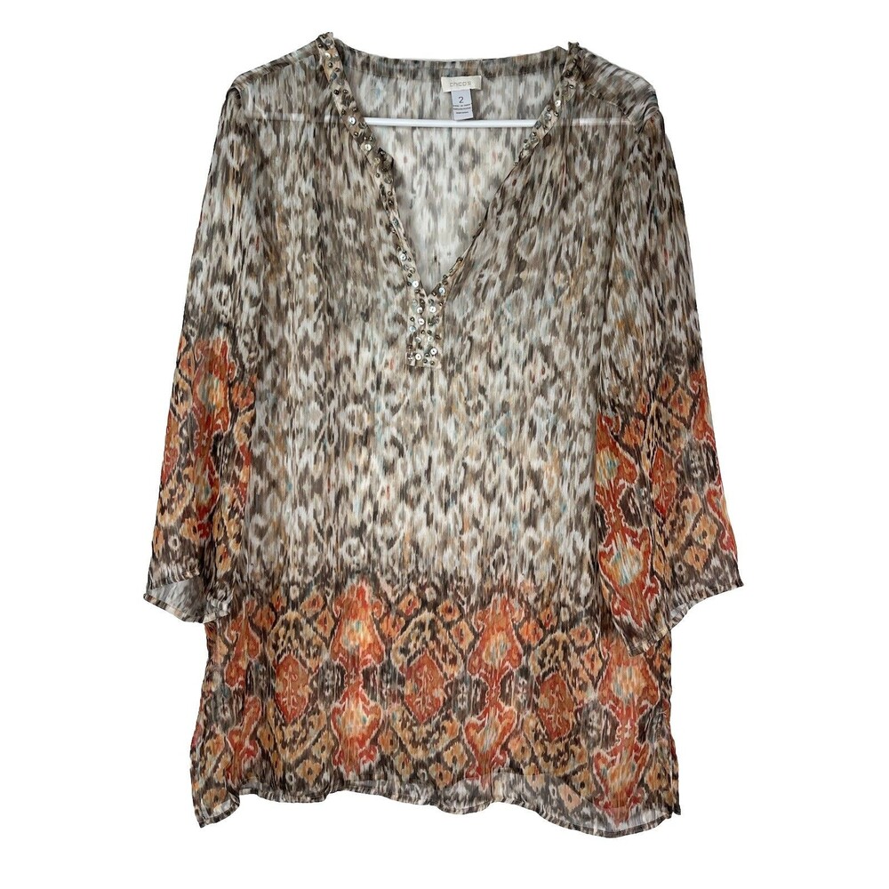 chicos Sheer Beaded Island Exotic Print Blouse sz 2 Large